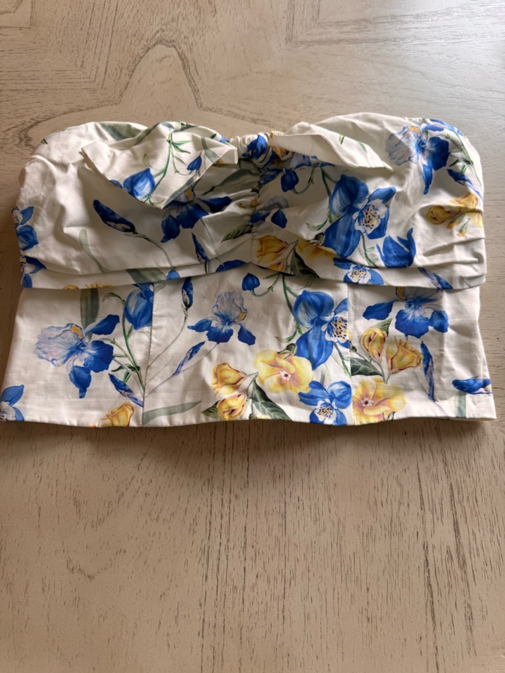 Express White Floral Strapless Crop Top with Blue & Yellow Flowers